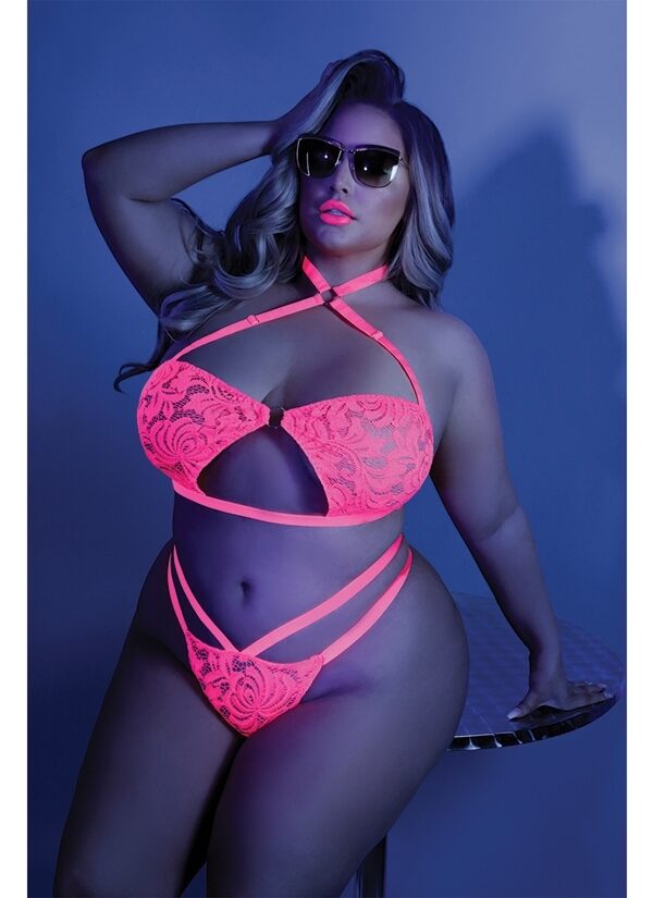 Lingerie Glow Lights Off Bralette & Panty-Neon Pink Queen-Boxed